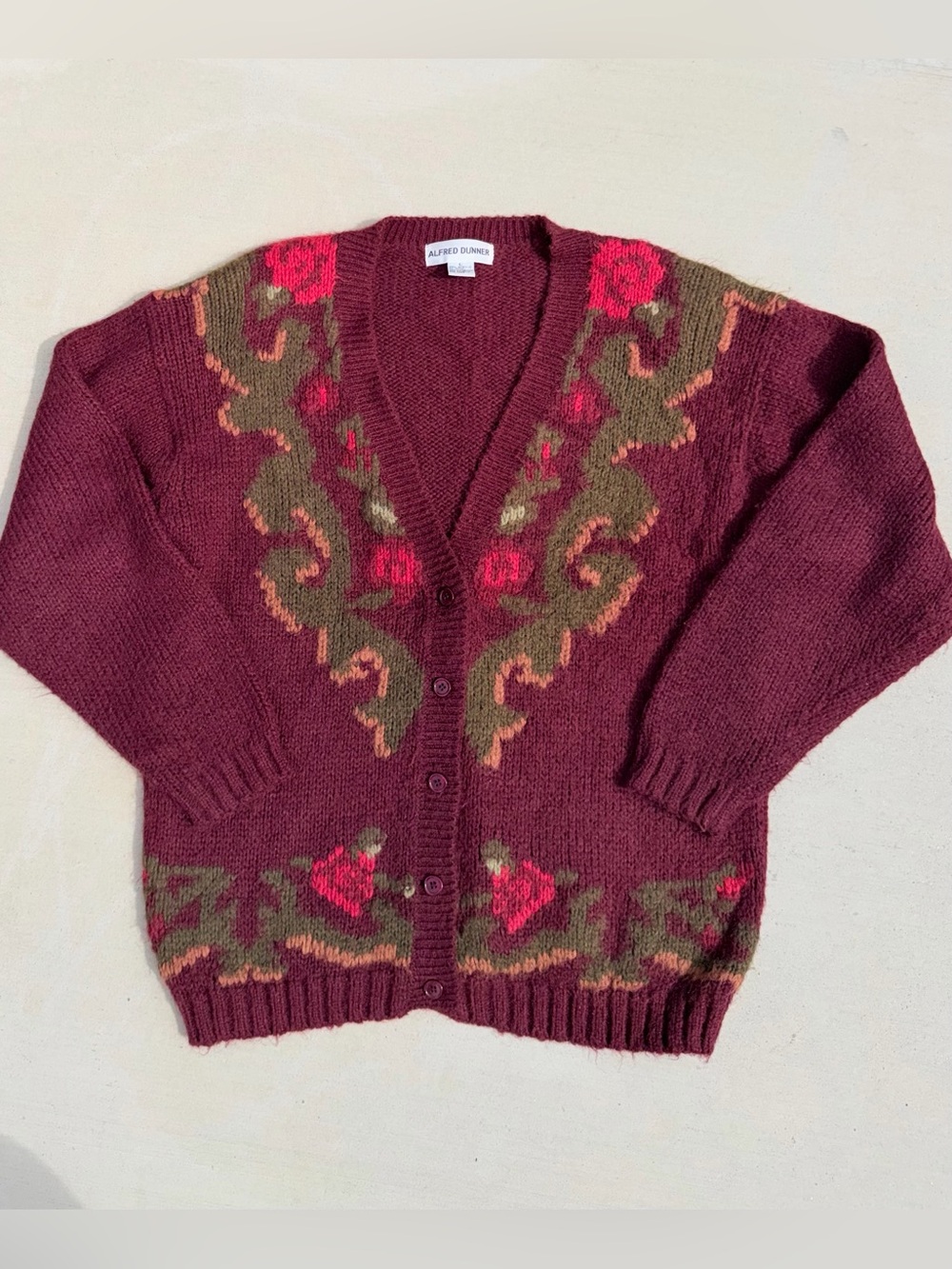 Alfred Dunner Burgundy Floral Intarsia Cardigan